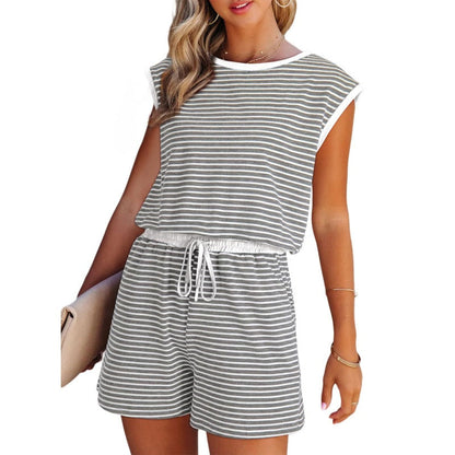 Top da donna a righe con maniche lunghe e pantaloncini, set da 2 pezzi