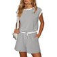 Top da donna a righe con maniche lunghe e pantaloncini, set da 2 pezzi