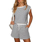 Top da donna a righe con maniche lunghe e pantaloncini, set da 2 pezzi