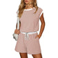 Top da donna a righe con maniche lunghe e pantaloncini, set da 2 pezzi