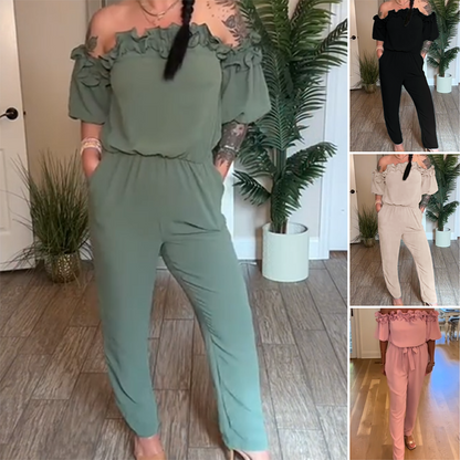 👗 Elegante tuta con spalle scoperte e dettagli a volant – Comoda, femminile e che valorizza la figura