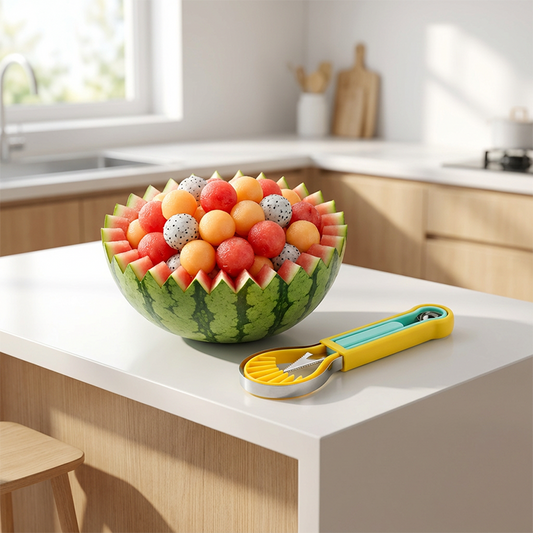✨ Migliora la tua tecnica di preparazione della frutta: il set multifunzione 3 in 1 con cucchiaio per meloni e coltello da intaglio! ✨