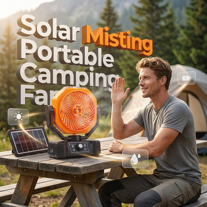🌞 Ventilatore portatile a energia solare con nebulizzatore per il campeggio – Rinfrescati ovunque, senza bisogno di corrente! ⛺💨 Nebulizzazione rinfrescante + ampia oscillazione + telecomando: il tuo compagno ideale per il massimo comfort all'aperto. 🔋🌀