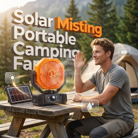 🌞 Ventilatore portatile a energia solare con nebulizzatore per il campeggio – Rinfrescati ovunque, senza bisogno di corrente! ⛺💨 Nebulizzazione rinfrescante + ampia oscillazione + telecomando: il tuo compagno ideale per il massimo comfort all'aperto. 🔋🌀