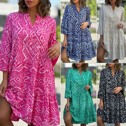 🌺Modelli di stagione💐 Abito casual ampio e fluido con stampa e scollo a V