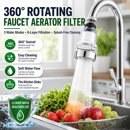 Filtro Aeratore per Rubinetto Rotante a 360° – Filtrazione a 6 Strati, 3 Modalità d'Acqua, Senza Schizzi per Lavello da Cucina